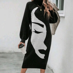 Figure Graphic Turtleneck Lantern Sleeve Sweater Dress